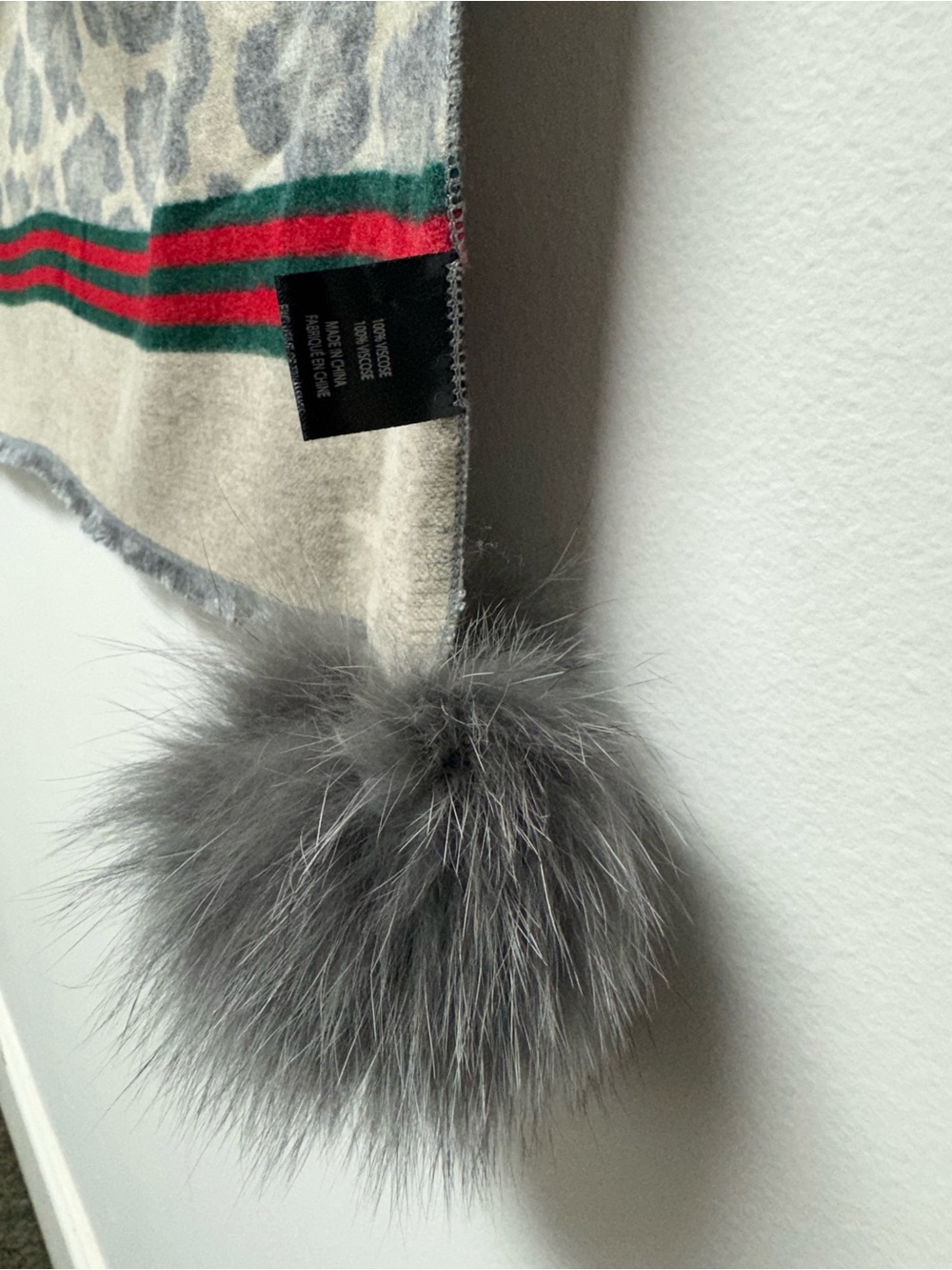 Gucci Gray & Cream Leopard Print Shawl with Red-Green Stripe and Gray Pom Poms - Picture 3 of 5